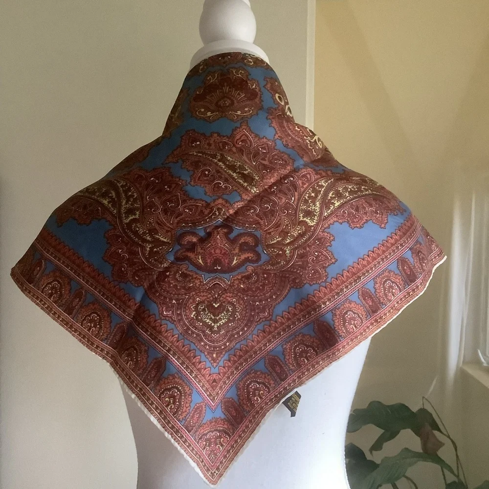 Blue/Bronze Paisley 27” Acetate Scarf Made in Japan